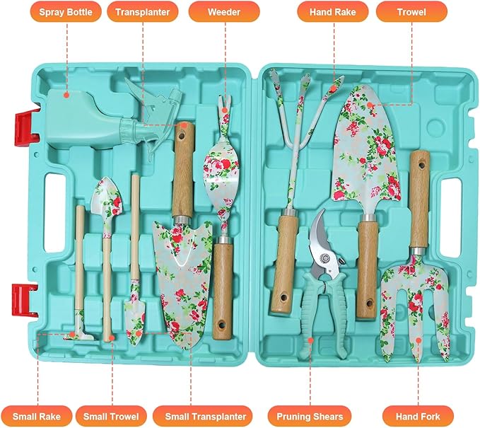 WANCHI Light Green Gardening Set, 10-Piece Garden Tool Kit with Trowel, Hoe, Shovel & Rake, Ideal Gardening Gift for Women, Mom, Grandma | Birthday Gifts for Her | Hand Tools for Small Gardens
