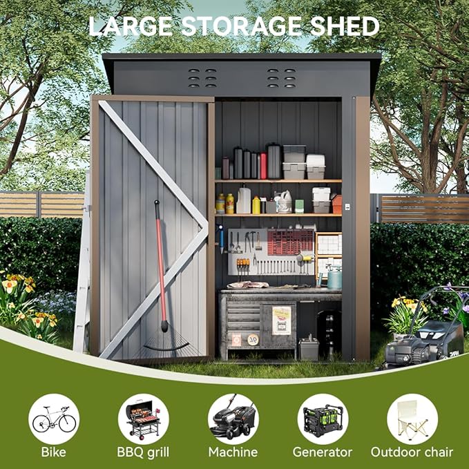 COMHOMA Shed Outdoor Storage Shed Metal,Lockable Doors Tool Sheds with Sloping Roof,Steel Garden Shed with Air Vent for Backyard,Patio,Lawn,Poolside(Brown,5'*3')