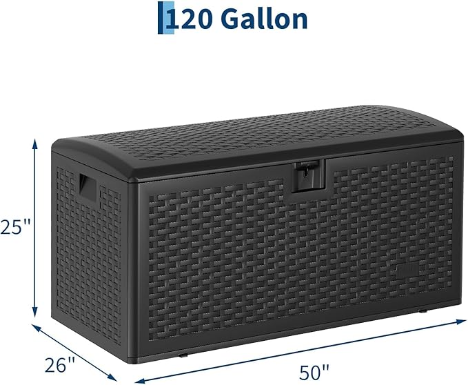 120 Gallon Waterproof Resin Deck Box Large Lockable Storage Container with Hydraulic Rod for Patio Furniture Tools Pool Garden Outdoor Indoor Black 50"L x 26"W x 25"H