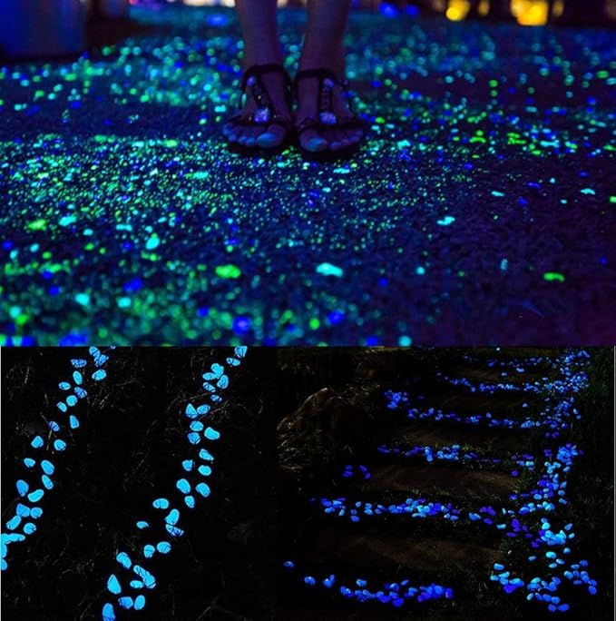 Glow in the Dark Garden Pebbles Stone for Walkway Yard and Décor (Blue 100Pcs)