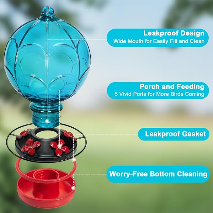Glass Hummingbird Feeder for Outdoors Hanging, Gift for Women Mom and Bird Lovers