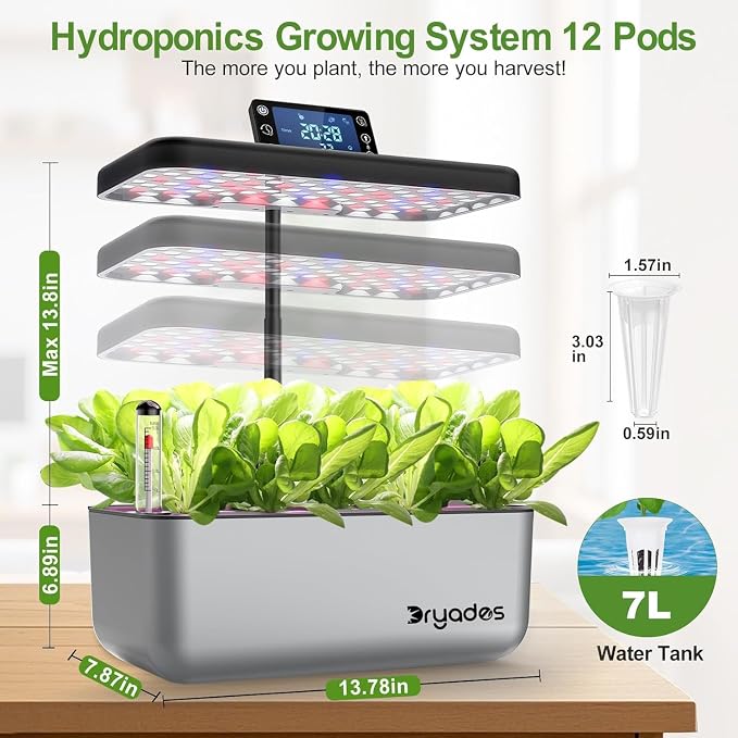12 Pod Hydroponic Indoor Garden System with Full Spectrum LED Grow Light, Countertop Herb Growing Kit with Seed Starter, Soil-Free Planter for Kitchen, 13.8 x 13.8 x 7.9 Inches, Silver