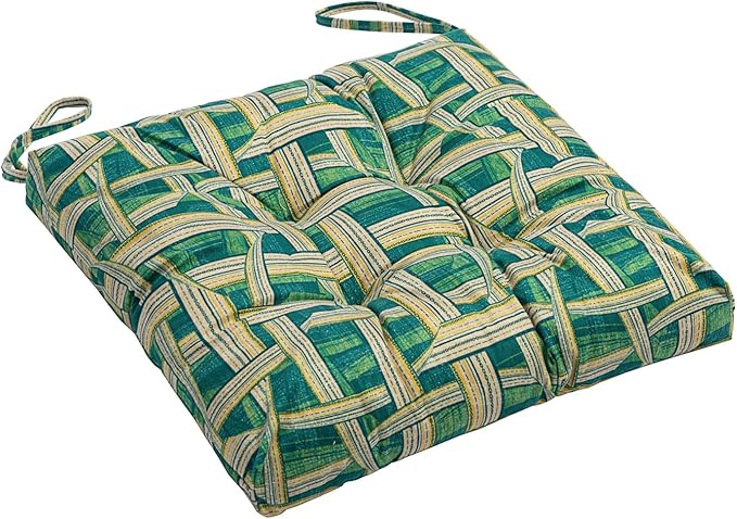 2-Pack Outdoor/Indoor Wicker Patio Seat Cushion Pad with Ties - Dining Chair Cushion, 17" x 17" (Green Plaid)