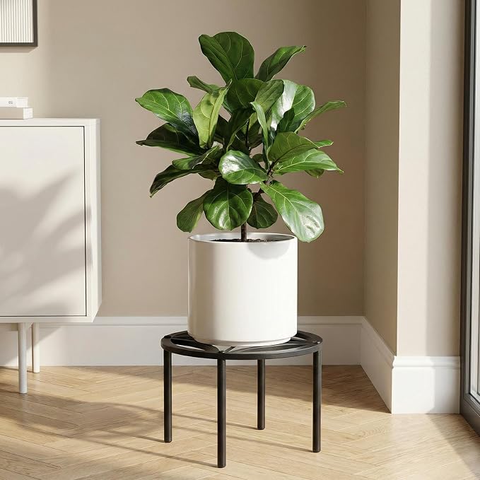 TOSKING Heavy Duty Metal Plant Stand – 120 lbs Capacity, 10.2" Modern Geometric Pattern Round Stand for Medium to Large Pots, 4 Adjustable Feet & Rustproof, Indoor/Outdoor, Black (10.2" D x 7.9" H)