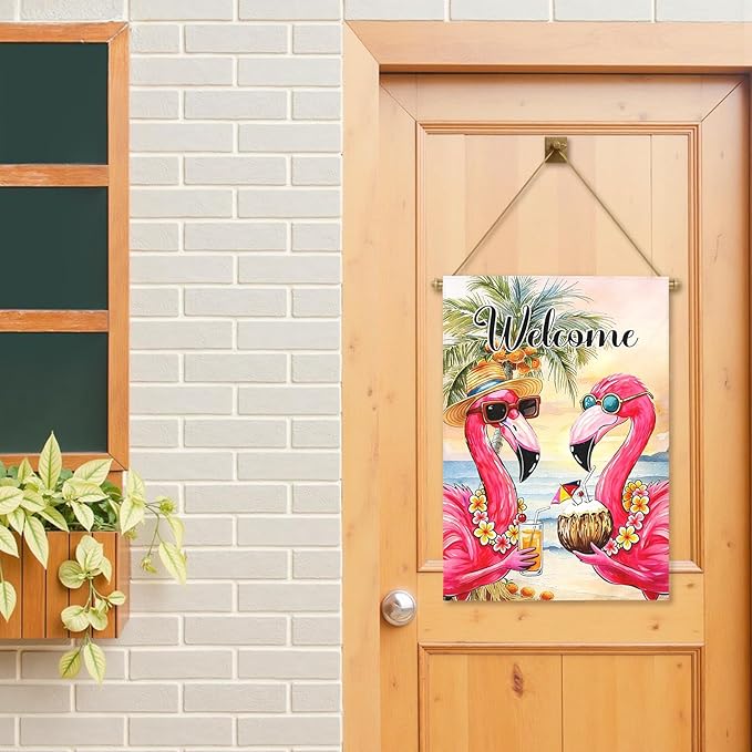 Welcome Garden Flag Flamingo Tropical Beach Scene Yard Flags Summer Coastal Island Double Sided Polyester Pink Flamingo House Flags for Lawn Pool Palm Tree Seaside Home Decor 28 x 40 Inch