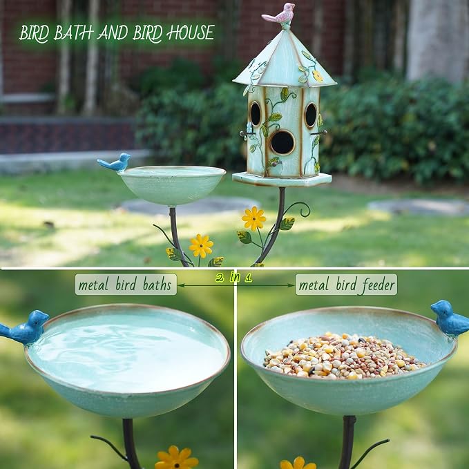 HLQMFHT 56" H Bird Baths and Bird Houses with Pole,Metal Bird Bath Bowl,birdhouses for Outdoors,Bird Bath with Stake,Garden Yard Decor
