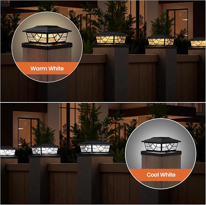 APONUO Solar Post Cap Lights 6 Pack for 4x4 5x5 6x6 Wood Vinyl Fences - IP64 Waterproof, Auto On/Off, Solar Powered Post Lights, Warm Cool White, Deck Patio Yard Decor, Black