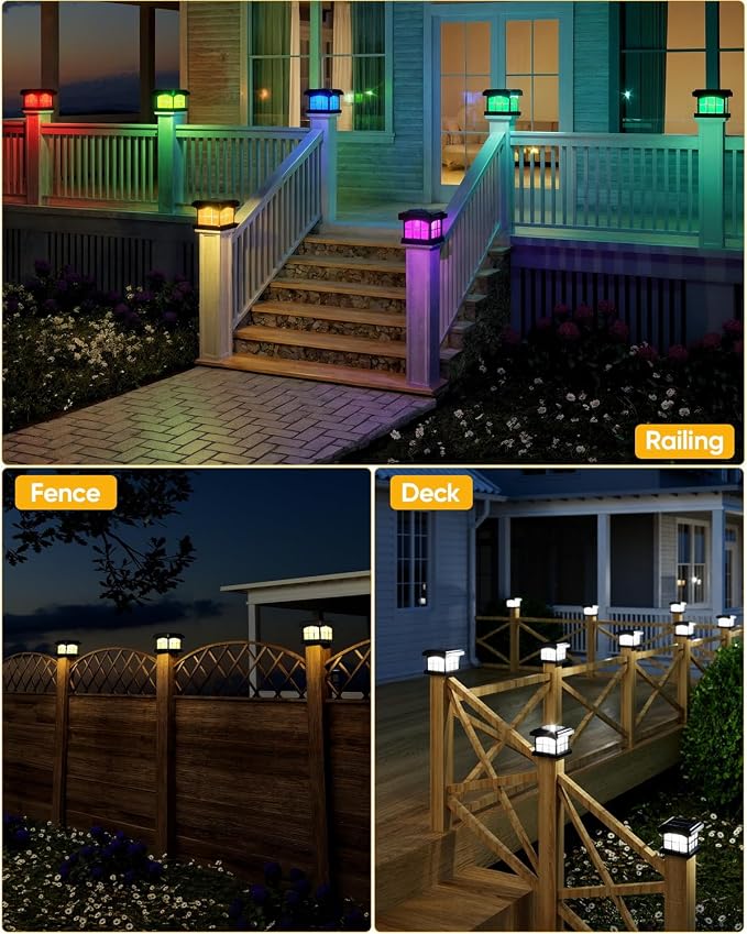 PARTPHONER RGBCW Solar Post Cap Lights 6-Pack, 9 Colors 3 Modes Fence Cap Lights, Bright Solar Outdoor Waterproof LED Deck Lighting for Fence Garden Deck Patio Porch Decor 4x4 Vinyl/Wood, Black