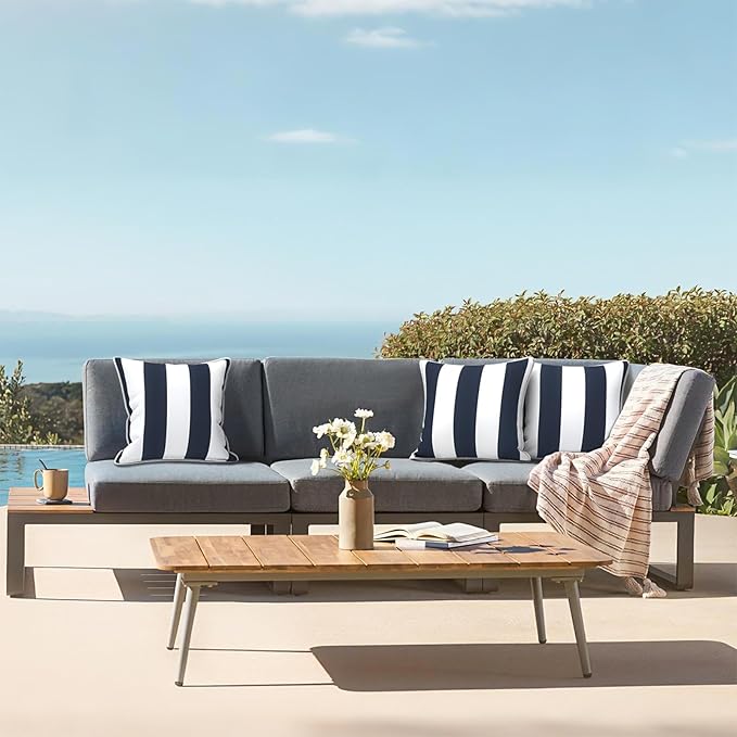 LVTXIII Outdoor Throw Pillows 18x18 Patio Waterproof Square Pillows with Piping Fade Resistant Accent Pillow for Spring Summer Garden Decoration, Set of 2, Cabana Navy