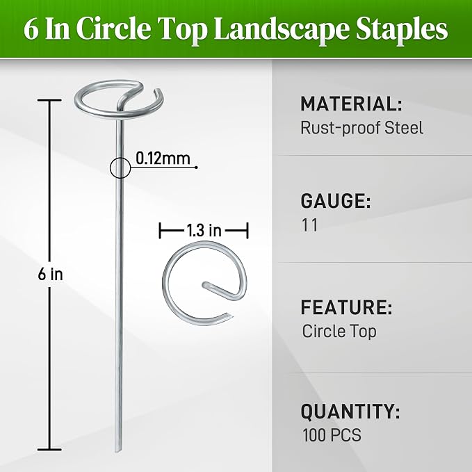 Quibbay 100 Pcs Circle Top Landscape Staples, 11 Gauge Landscape Fabric Pins, Not Easy to Bend 6 inch Galvanized Landscape Fabric Stakes, Garden Stakes for Landscaping, Heavy Duty Ground Stakes