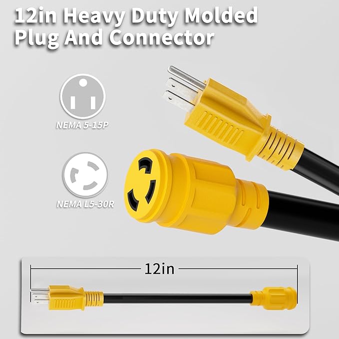 30 Amp to 110 RV Generator Plug Adapter 12 Inch, NEMA 5-15P Male to NEMA L5-30R Female, Heavy Duty Generator Adapter with Twist Lock Plug, STW 10AWG 15A 125V 1875W, Yellow, ETL Listed