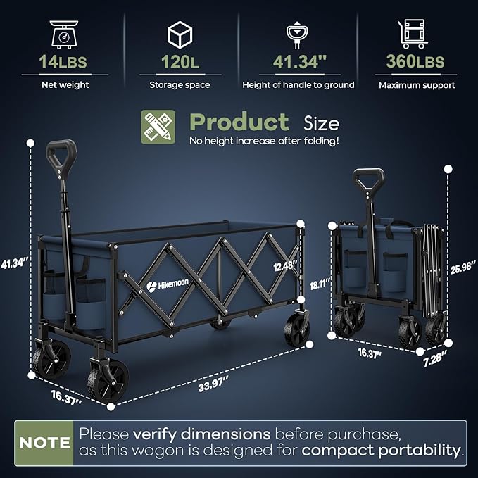 Hikemoon 34'' Extra Long Collapsible Wagons Carts Foldable, 360LBS Heavy Duty Folding Beach Wagon with Wheels, Portable Utility Outdoor Cart for Grocery, Garden, Sports, Camping, Blue