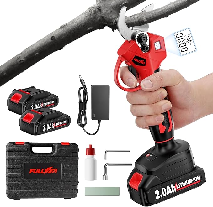 FULLYEA Electric Pruning Shears, 1.4" Cutting Diameter Electric Pruner with LCD Display＆2Pcs 2.0Ah Rechargeable Battery, Brushless Motor Cordless Pruning Shears for Tree Trimming Branch Cutter
