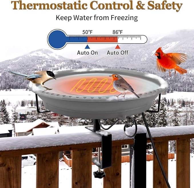 Lovppy Heated Bird Bath for Deck Railing, 100W Thermostatically Controlled Heated Bird Baths for Outdoors Bird Bath Heater, Heated Bird Bath for Outside Winter Garden Patio Yard(Gray)