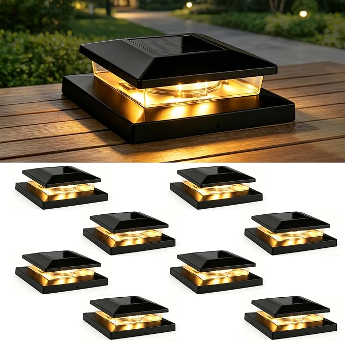 TW SHINE Solar Post Cap Lights Outdoor, 8 Pack Waterproof Solar Powered Deck Fence Post Lights, Warm White Post Light for Garden Patio Porch for 4x4, 5x5 or 6x6 Wooden Posts