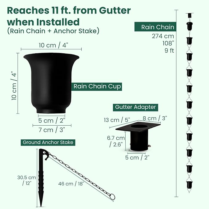 Black Rain Chain 9 FT, 11 FT Installed with Anchor Stake and Gutter Adapter, Durable Heavy Duty Rain Chains for Gutters for Heavy Rain, Rust Resistant, Outdoor Decor for Homeowners