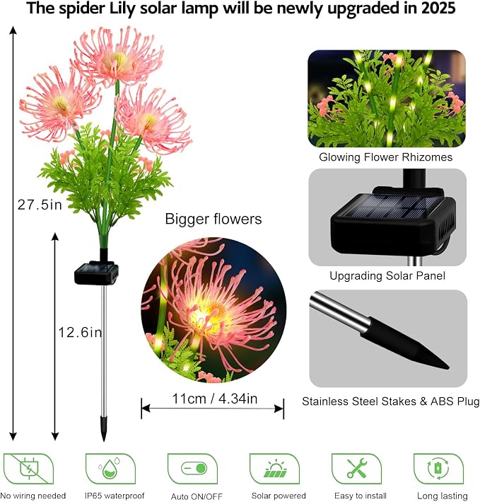 Solar Garden Flower Lights Outdoor, 8 Pack Pink Spider Lily Solar Lights with Glowing Stems, IP65 Waterproof LED Yard Decor for Patio Lawn Pathway, Mother's Day Valentine Gifts for Women Mom Grandma