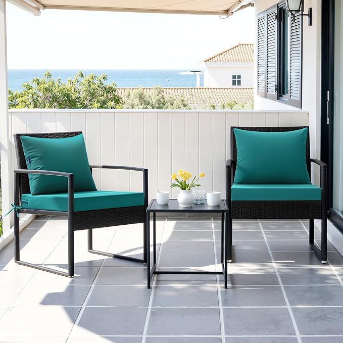 MIULEE Turquoise Outdoor Seat Cushion Set 24x24 Inch Linen Textured Waterproof & 3 Year Color Fastness Seat and Back Cushion with Ties No Slip Design for Patio Furniture Chair Sofa Couch