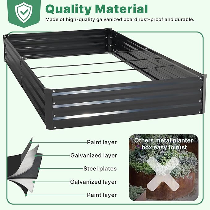ONCEMORE Galvanized Raised Garden Bed for Vegetables Flowers Herbs, Metal Raised Garden Bed Kit with 2 PCS Tomato Cage, Gloves, Trellis Netting, Plant Labels, Plant Ties, Black 6×3×1FT