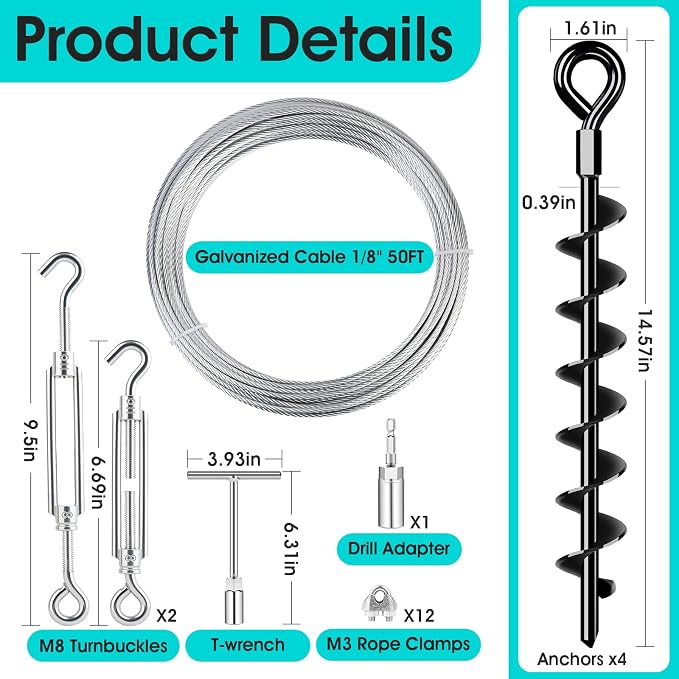 Ground Anchors Shed Anchors Kit with 1/8" Galvanized Cable and Turnbuckles, Trampoline Stakes Heavy Duty Earth Anchor for Sheds Canopy Gazebo Mobile Home Swing Set(4x15in)