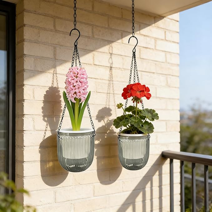 8 Pcs Self Watering Hanging Planters with 3 Hooks Drainage Holes 6.5'' 4.5'' Self Watering Plant Baskets Hanging Flower Pots for Outdoor Indoor Gift Home (Gray)