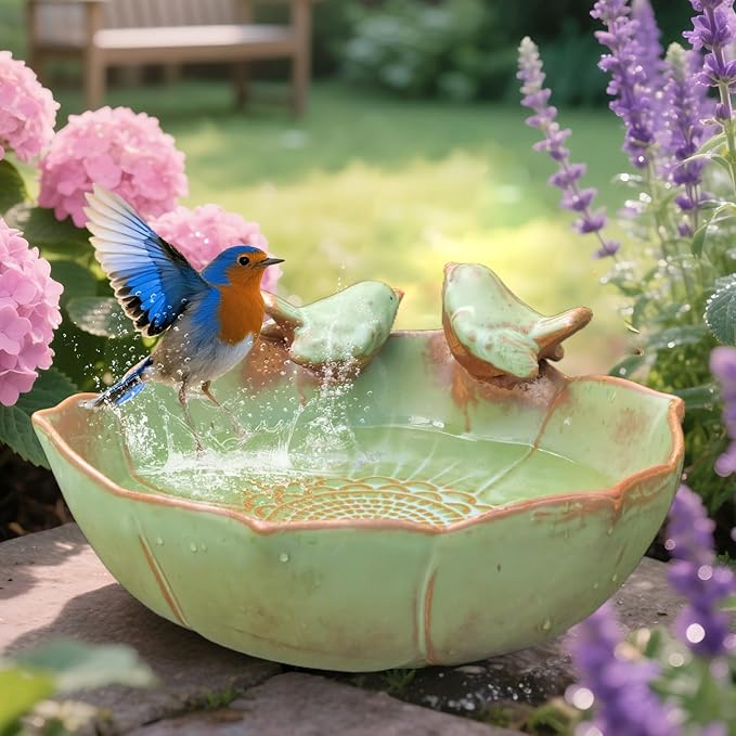 Ceramic Bird Bath for Outdoors, 10.1” Ground Ceramic Bird Baths Bowl for Outside, Garden Table Top Bird Baths Weather Resistant, Birdbath for Deck, Balcony, Lawn
