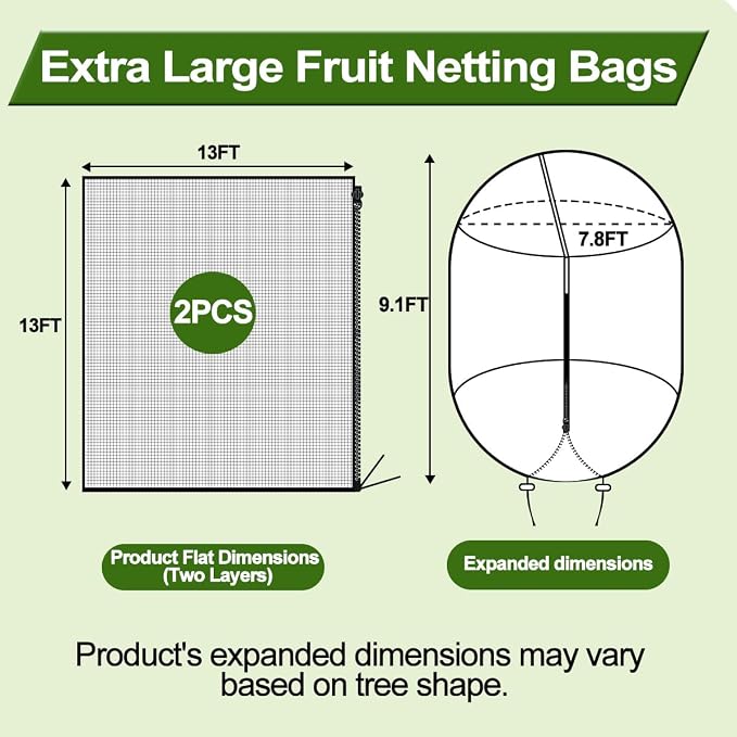 2 Pack 13x13FT Extra Large Fruit Tree Netting with Double Zipper & Double Drawstring, Heavy Duty Bird Netting for Fruit Trees, Reusable Tree Net to Protect Large Trees from Birds, Squirrels, Deer