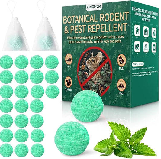 Rodent Mouse Repellent Balls 28 Pack, Moth Balls for Rodents Mouse Deterrent, Peppermint Oil Pest Control for Rodents, Squirrels, Skunk, Mole, Gopher, Pets Safe, Indoor and Outdoor Use