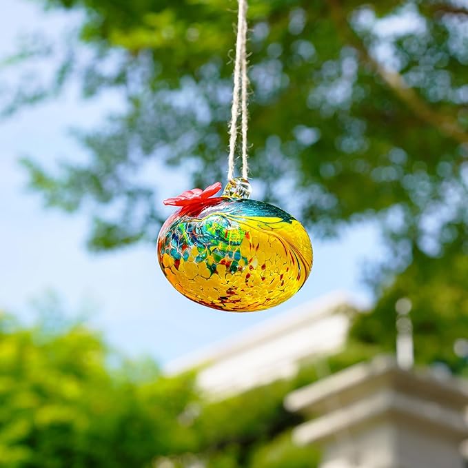 Pack 2 Blown Glass Hummingbird Feeders for Outdoors 3inch Small Glass Humming Bird Feeder for Window Hanging Ant and Bee Proof Humming Birds Feeders Decor for Garden Tree