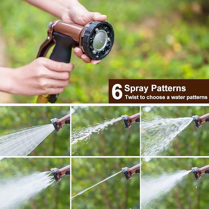 FANHAO Metal Garden Hose Nozzle, Heavy Duty Water Hose Sprayer with 6 Spray Patterns, High Pressure Water Hose Nozzle with Rear Trigger, Ideal for Outdoor Lawn & Plant Watering, Car & Pet Washing