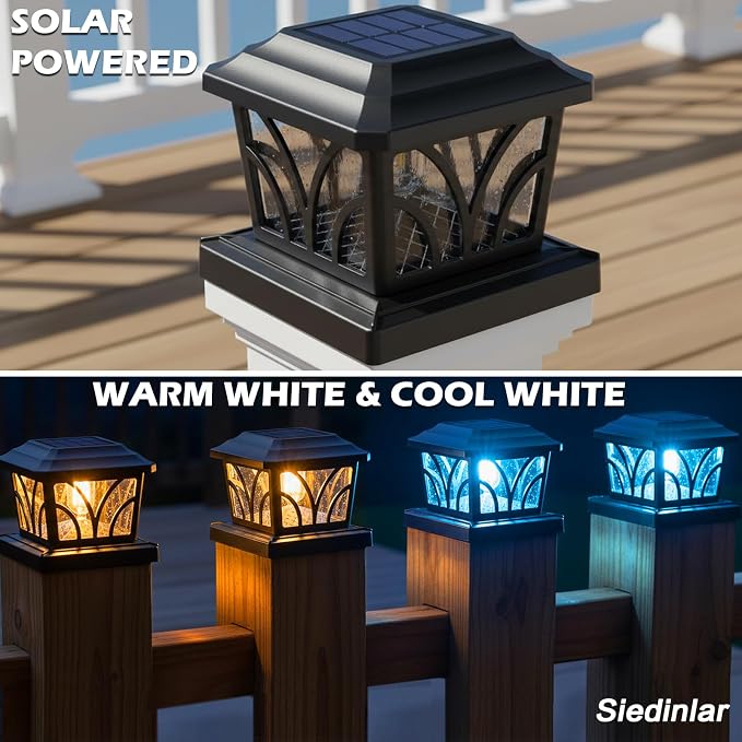 SIEDiNLAR Solar Post Cap Lights Outdoor, Aluminum Glass 2 Modes Edison LED Bulbs for 4x4 5x5 6x6 Vinyl/Wooden Posts Patio Deck Fence Decor, Warm White/Cool White Lighting 4 Pack (Black)