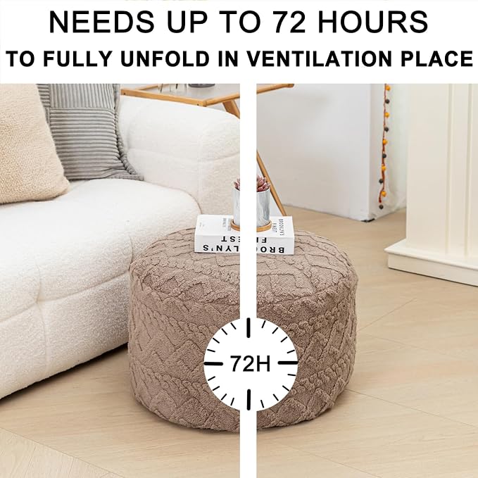 Poofieotto Round Ottoman Stuffed 20x12 Inches Floor Pouf Chair for Living Room Bedroom Modern Foam Pouf Ottoman Foot Rest for Couch Home Décor Pouffe (Light Coffee Pouf with Filler)