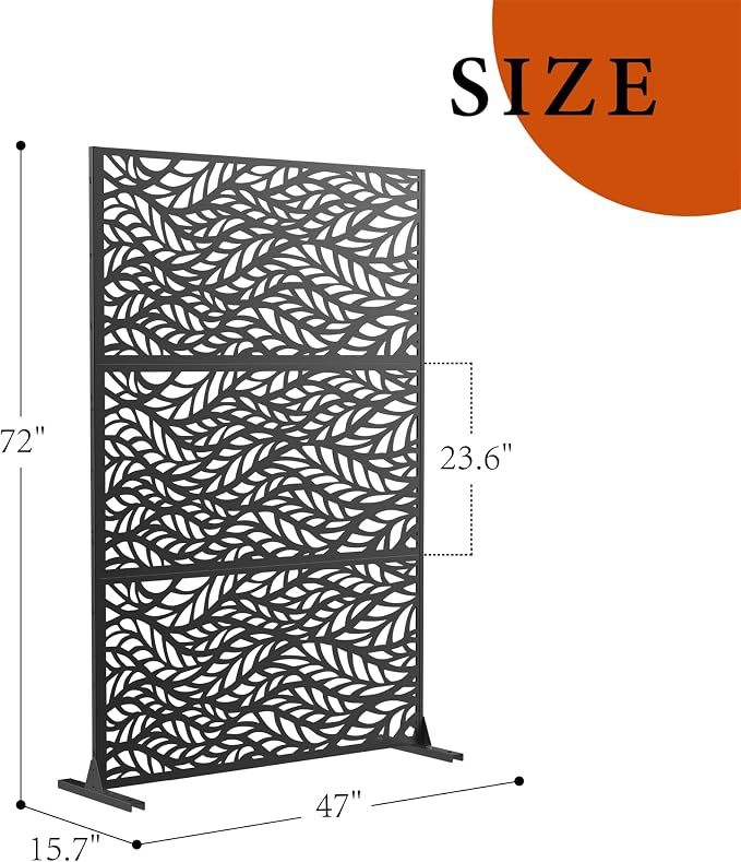 Privacy Screen Outdoor Metal Fence Panel, 72" H x 47" W Freestanding Decorative Privacy Fence for Patio, Deck, Balcony, Backyard, Garden with Stable Base