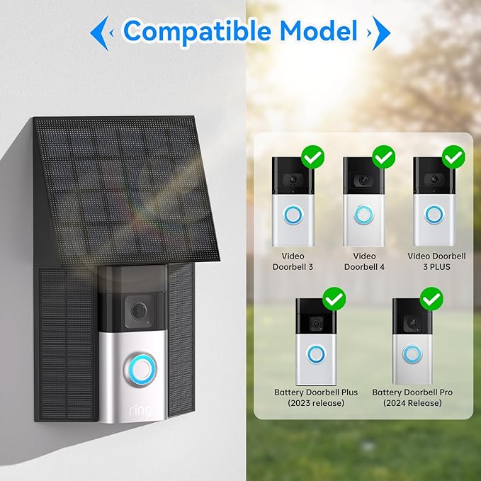 Solar Charger for Ring Battery Doorbells - Compatible with Video Doorbell 3/3 Plus/4, Battery Doorbell Plus/Pro, 2 Prong Port-1 Pack