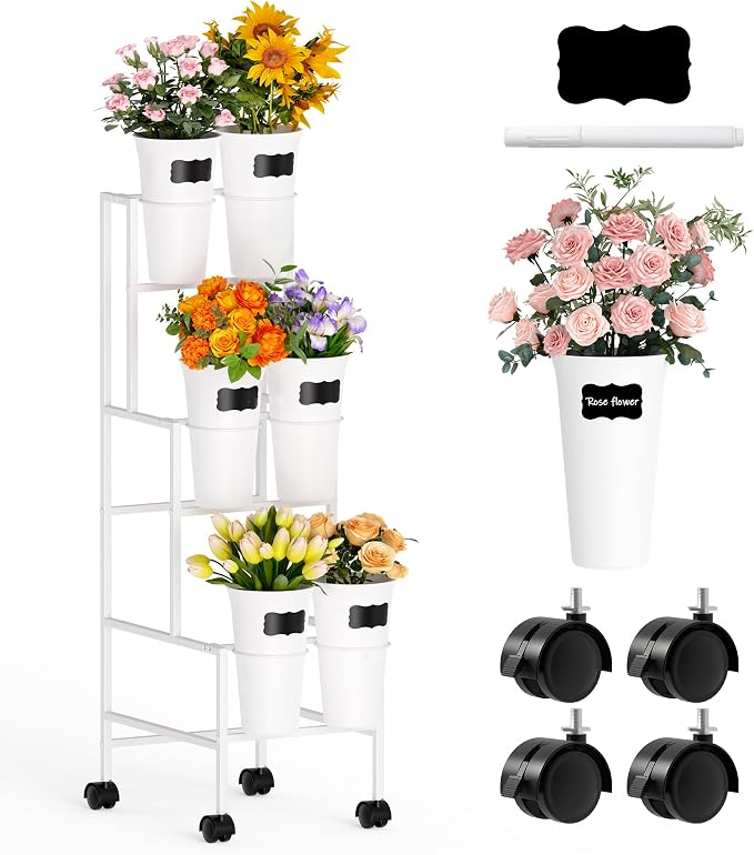 Flower Display Stand with 6 Buckets, Flower Cart with Wheels, 3 Layers Metal Flower Bar Stand Moving Flower Stand Florist Bouquet Shelf for Weddings Party Ceremony Indoor Outdoor Garden (White)