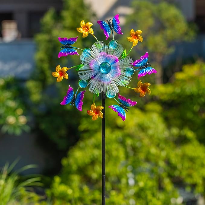 44" Butterfly Wind Spinners Garden Stake, Solar Flower Butterfly Wind Sculpture Yard Art Decorations for Lawn, Patio & Yard & Garden Decor, Metal Whirligigs Wind Spinners Outdoor Decor