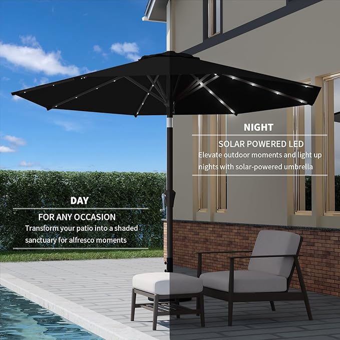 9FT Patio Umbrella with Solar Lights,Outdoor Market Umbrella with Tilt and Crank, LED Lighted Table Umbrella for Garden,Deck,Backyard,Pool,Beach