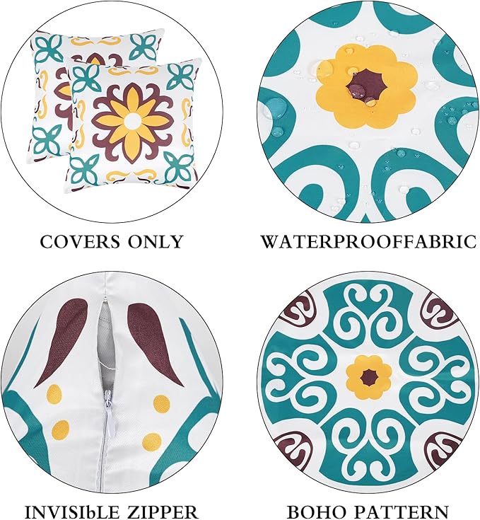 Pyonic Waterproof Outdoor Pillow Covers 18x18 inch Set of 4 Morocco Vintage Floral Boho Throw Pillow Covers Water Resist Outdoor Pillows for Patio Furniture Garden Yard,Turquoise