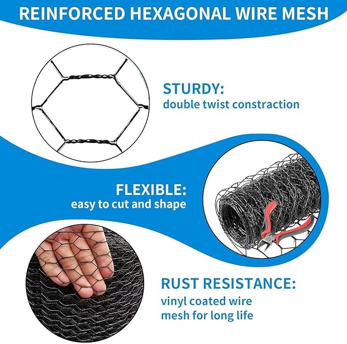 12'' x 150' Black Chicken Wire Mesh Fence, 19 Gauge Galvanized Poultry Netting and 1 inch Garden Mesh Fence Roll, Chicken Wire for Floral Arrangements/Crafts/Farm/Livestock/Pet Protection