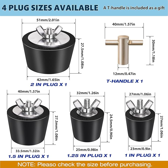 4 Pack Rubber Pool Winter Plugs with One T-Handle – 1" 1.25" 1.5" 2" Pool Winterizing Plugs with Stainless Steel Screws Pool Return Jet Plug for Inground & Above Ground Pools
