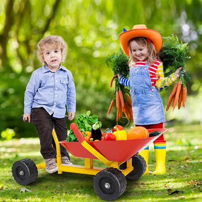 HONEY JOY Ride On Sand Dumper for Kids, Outdoor Garden Dump Cart Wheelbarrow w/8 Inch Wheels, Heavy Duty Steel Sit On Pulling Wagon Play Toy for Boys Girls