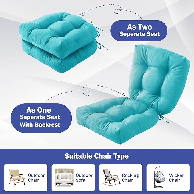 IPYNBAP Outdoor Chair Cushions Set of 2, Patio Chair Cushions with Ties, 17x17+4” Tufted Outdoor Seat Cushions, Waterproof Patio Furniture Cushions, Outdoor Dining Chair Pads, Teal