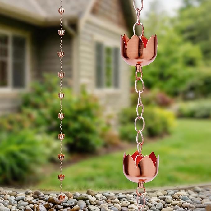 Topadorn Copper Rain Chain for Gutters, 8.5 FT Solid Copper Lotus Rain Chain, Decorative Downspout Alternative with 11 Cups for Garden, Patio & Outdoor Decor