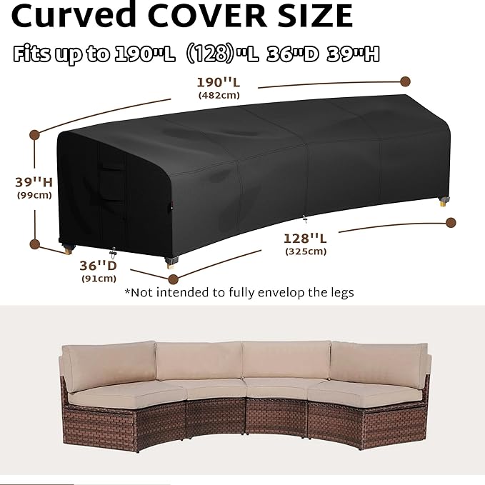iBirdie Outdoor Sectional Cover for 190" Back 128" Front Curved Shaped Patio Sofa Waterproof Weatherproof 600D Heavy Duty Garden Furniture Cover for Outside Sectional Couch