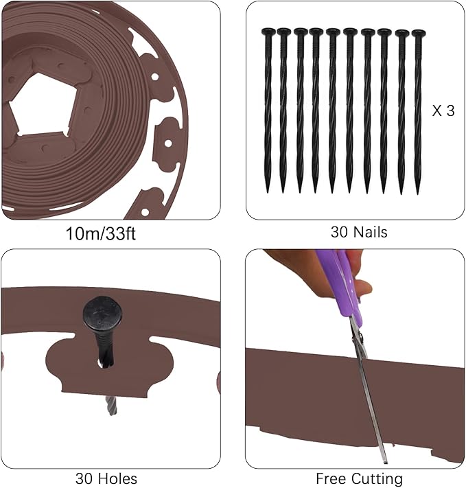 Garden Edging 33FT, 2in Tall Plastic Landscape Edging Borders Kit Flexible Lawn Edging with 50pcs Anchoring Stakes, Border Edge for Landscaping, Yard, Flowerbeds, Sidewalks, Paving, Brown