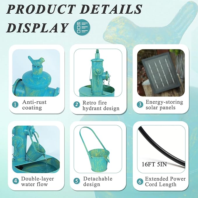 Solar Water Fountain with Backup Battery,Outdoor Metal Bird Bath Fountain,Solar Fountain Bird Bath for Garden, Patio & Yard Decor,Working at Night for at Least 6 Hours