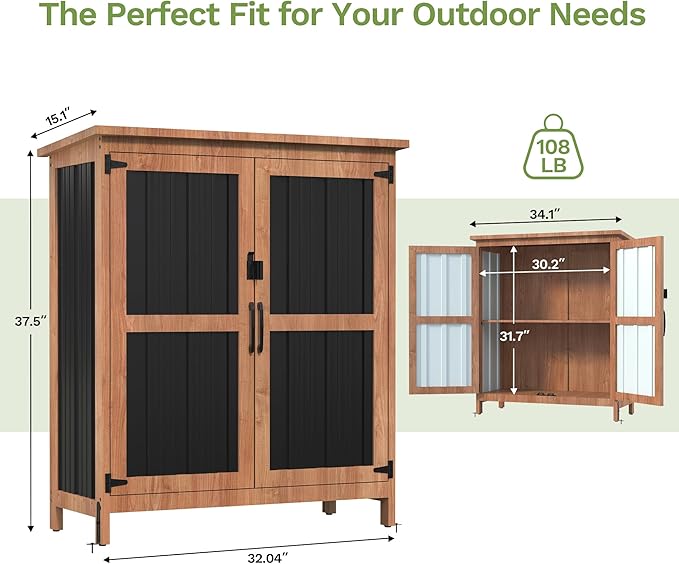 Greesum Outdoor Storage Cabinet with Adjustable Shelf, Wood & Metal Garden Storage with Lockable Doors, Weatherproof Shed for Tools, Lawn Equipment, Pool Accessories, Black