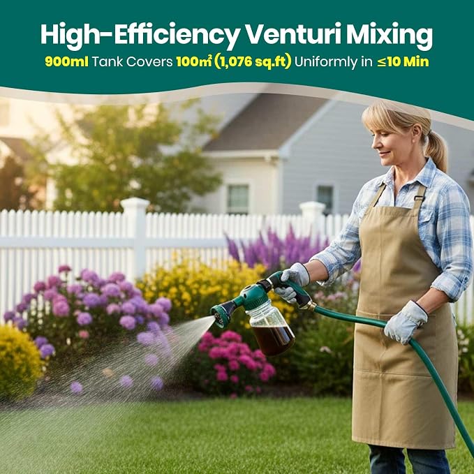 VENETIO 5-Dial Hose Attachment Spray Gun Pro with 6 Watering Patterns Nozzle and 30oz Refillable Bottle, Versatile Hose-End Garden Sprayer for Liquid Fertilizer, Weed Killer, Soap & Outdoor Cleaning