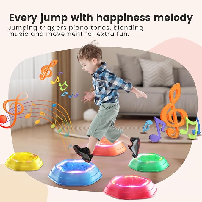 Holyton Light Up Musical Stepping Stones for Kids, 5 Pack Sensory Balance Stepping Stones with Rechargeable Batteries, Non-Slip Toddler Stepping Stones for Ages 3-8, Indoor Outdoor Active Play Toy, Red