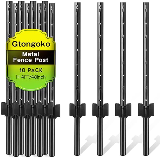 Gtongoko 10 Pack 4FT Heavy Duty Metal Fence Posts, Black U Channel No Dig Fence Stakes with Anchor Plate, 14 Gauge Steel Posts for Wire Fencing, Garden Protection, Animal Barrier, Yard & Farm Boundary